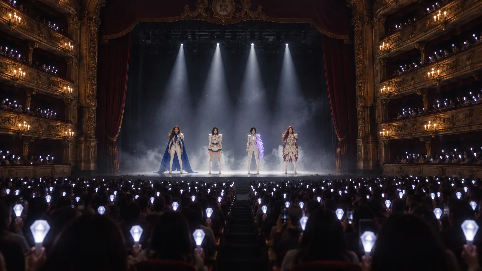 MIRA, NYX, SAI and ZIA on the theatre stage in Midnight Crystal’s Crystallize music video